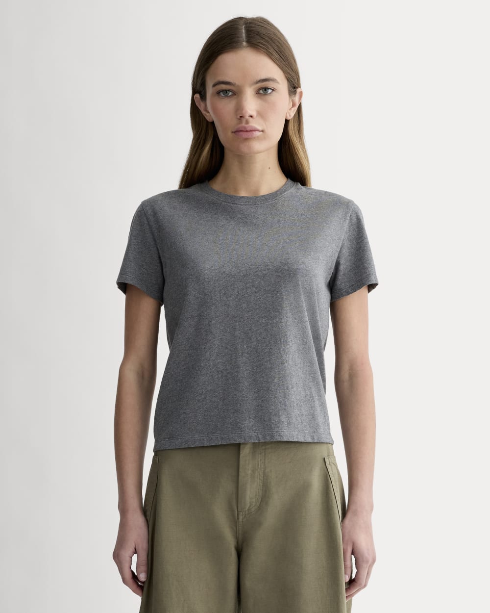 The Box-Cut Tee in Essential Cotton in Heathered Charcoal — front view