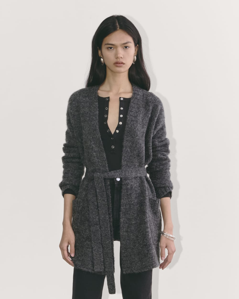 The Robe Cardigan in Alpaca in Dark Charcoal — detail view
