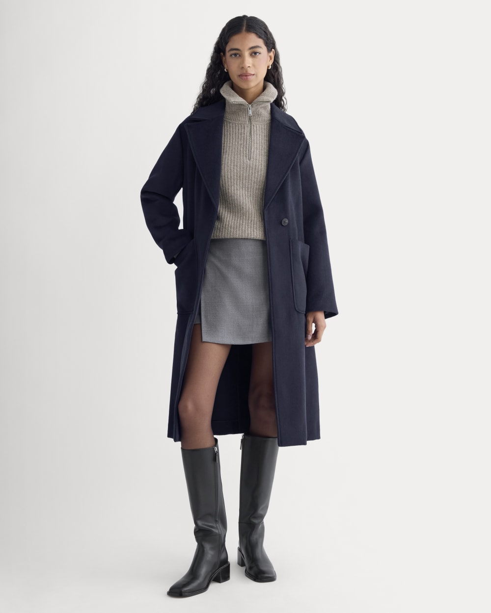 ReWool Belted Blanket Coat in Deep Navy — front view