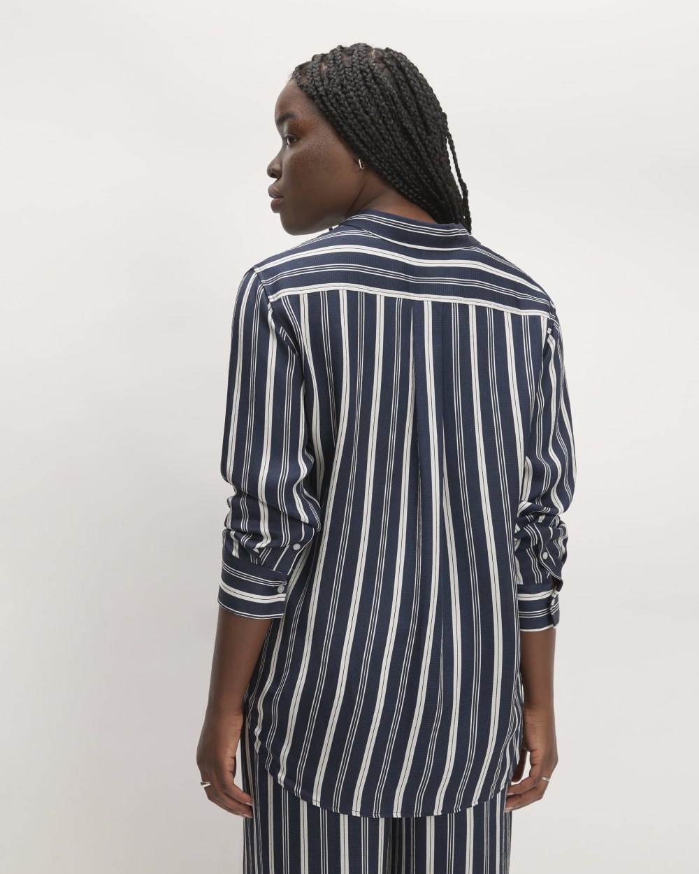 The Satin Relaxed Shirt in Navy / Bone — detail view