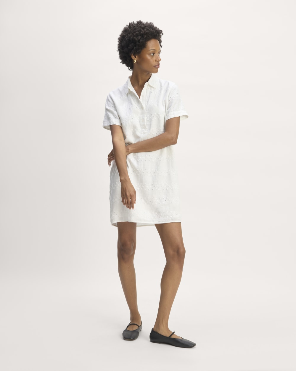 The Linen Eyelet Shirtdress in White Eyelet — front view