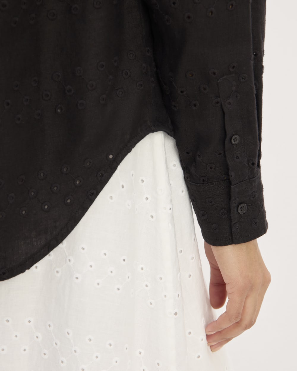 The Linen Eyelet Relaxed Shirt in Black Eyelet — detail view