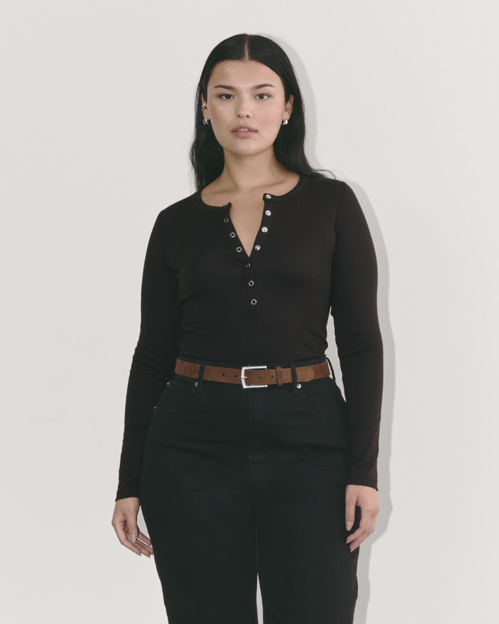 The Luxe Rib Henley in Black — front view