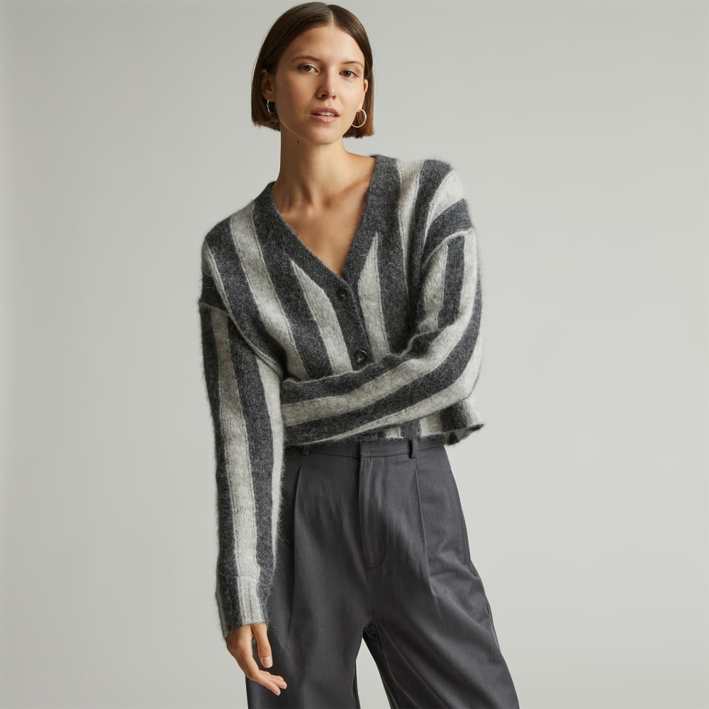 The Alpaca V-Neck Cropped Cardigan in Light Heather Grey / Dark Charcoal — front view