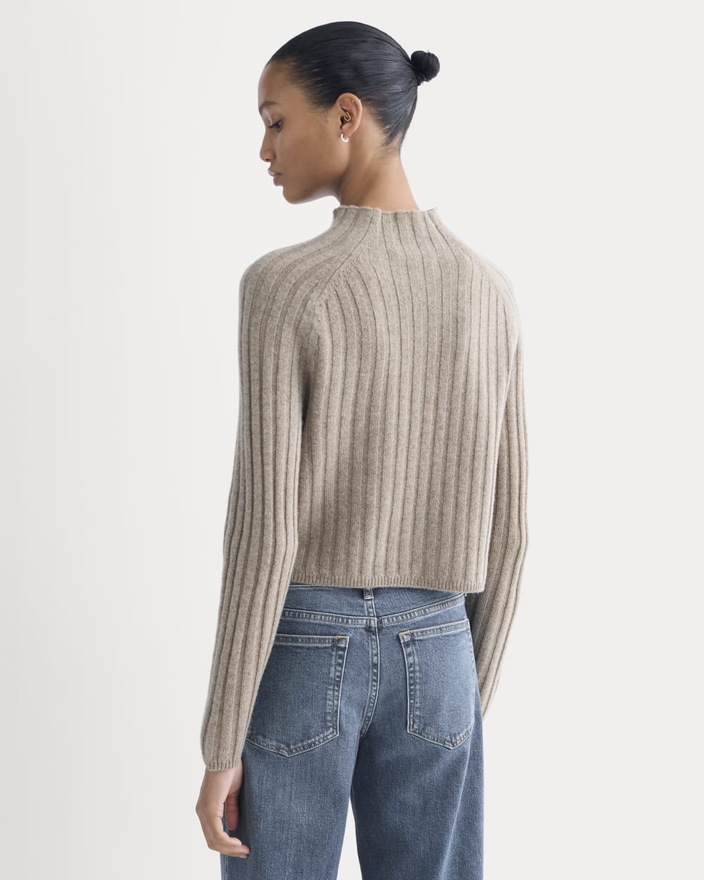 Funnel-Neck Cropped Sweater in Wool Cashmere in Oatmeal — detail view