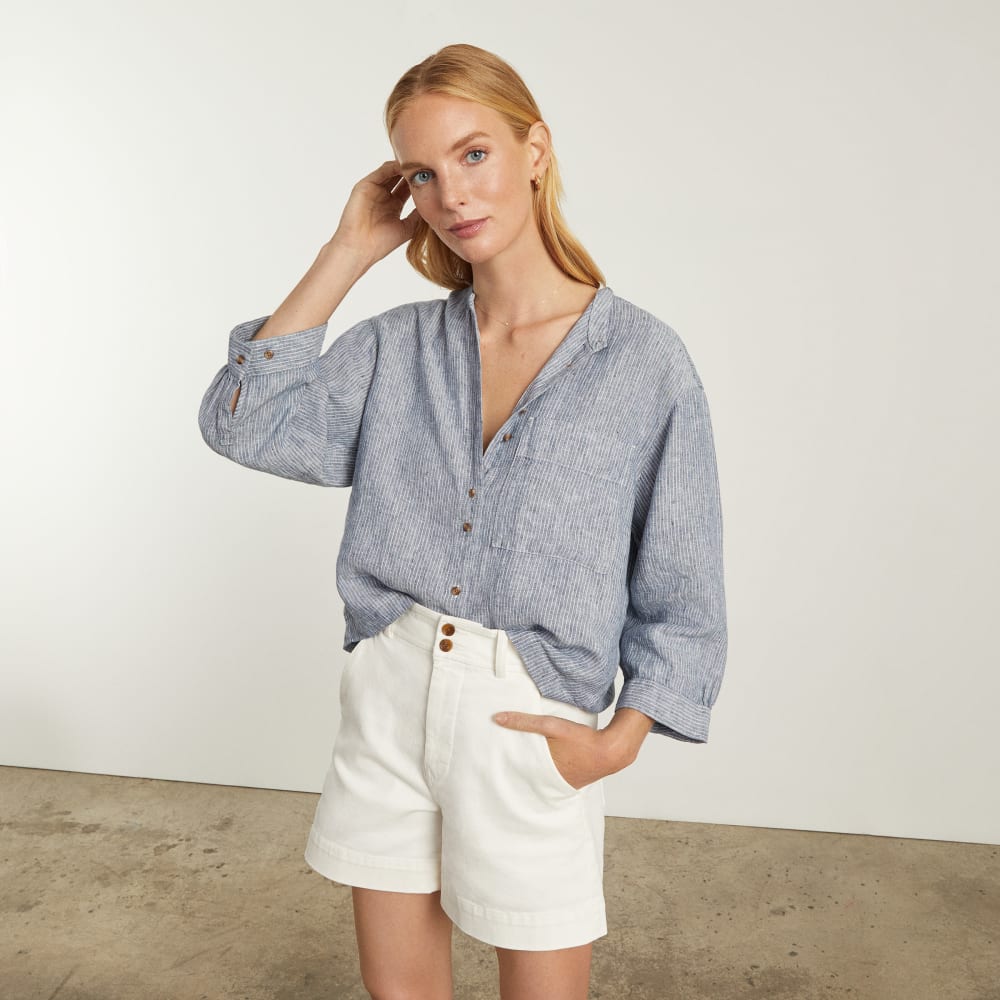 The Linen Billow Blouse in Blue Pinstripe — detail view
