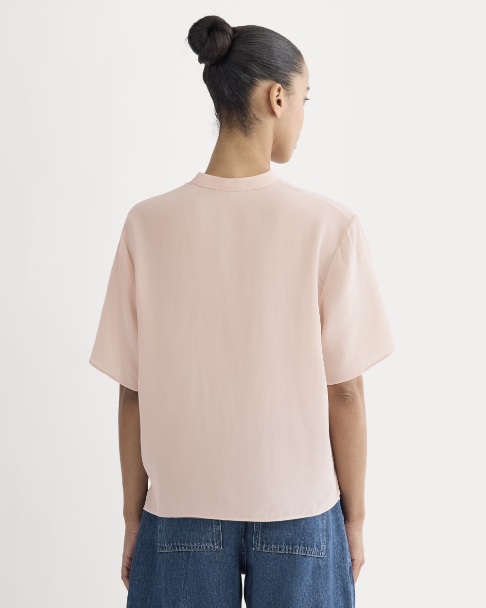 The Popover Top in Washable Silk in Soft Rose — detail view