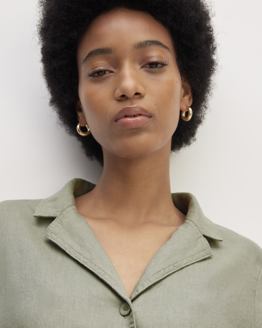 The Shirtdress in Linen in Sage Green — detail view