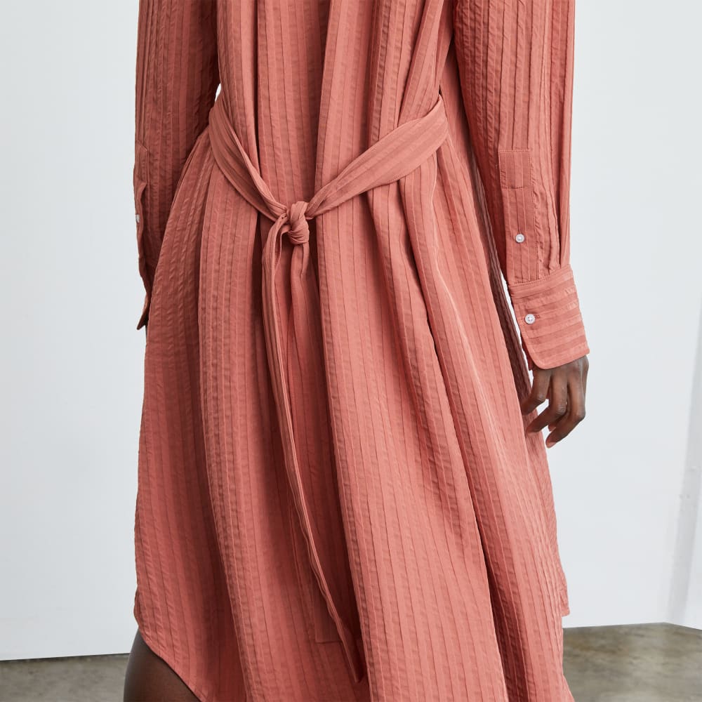The City Stripe Draped Shirt Dress in Redwood — detail view