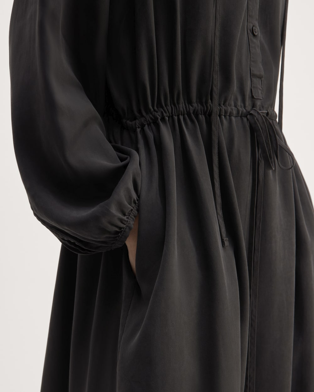 The TENCEL™ Gathered Maxi Dress in Black — detail view
