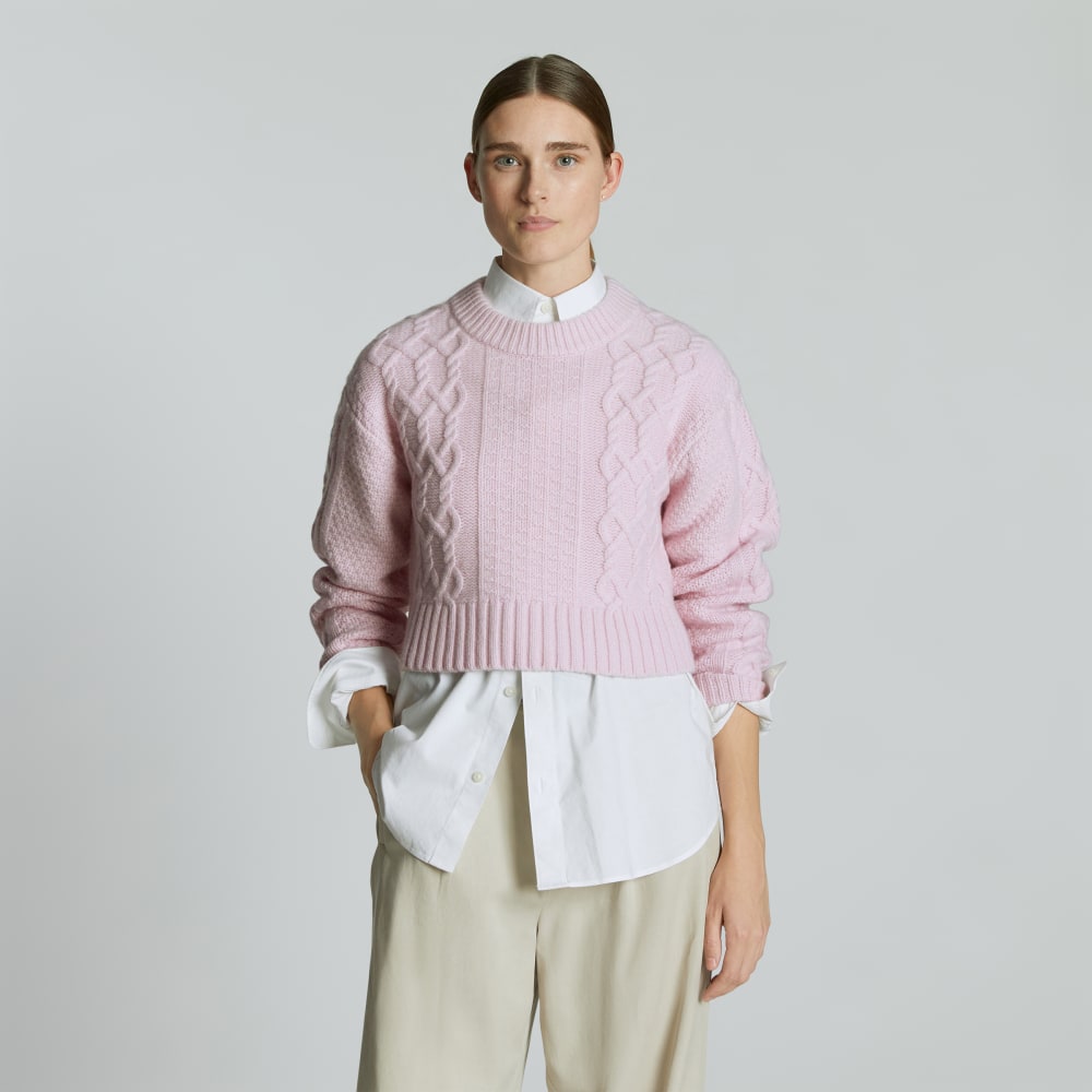 The Felted Merino Cropped Cable Sweater in Light Lilac — front view