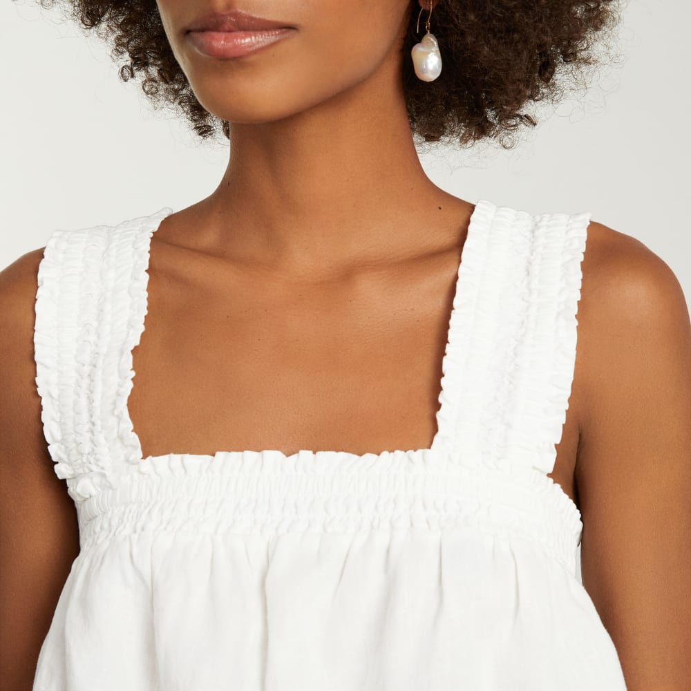 The Smocked Linen Cami in White — detail view