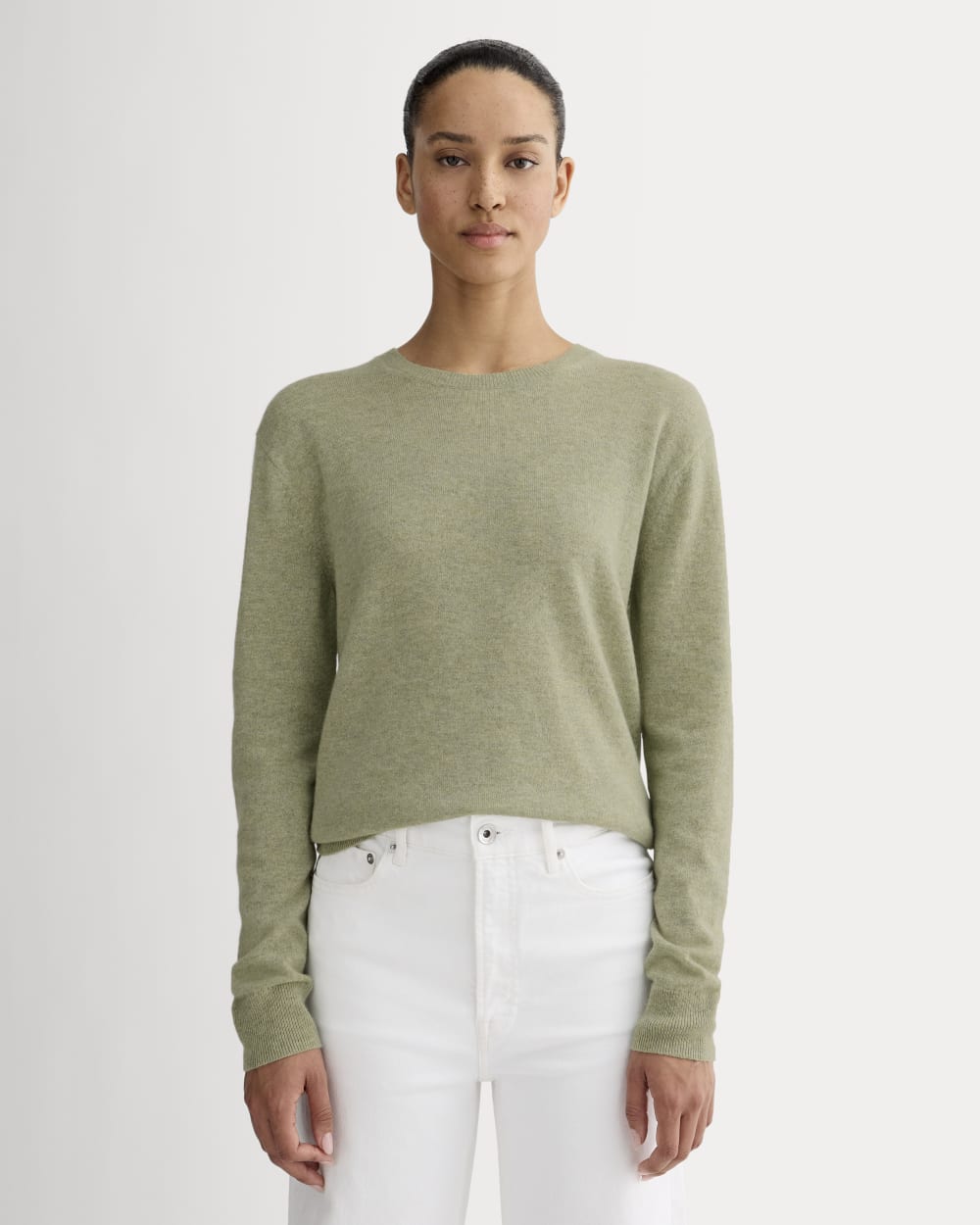 The Classic Crew in Cashmere in Light Heathered Moss — front view