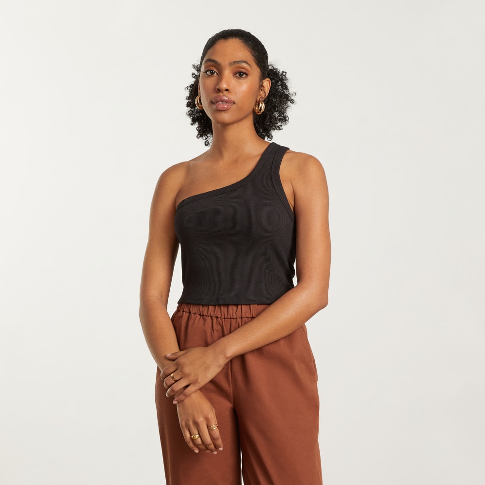 The Ribbed One-Shoulder Tank in Black — alternate view