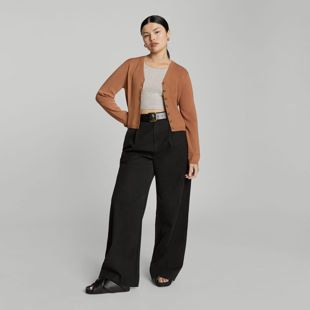 The Luxe Merino Cardigan in Tawny Brown — detail view