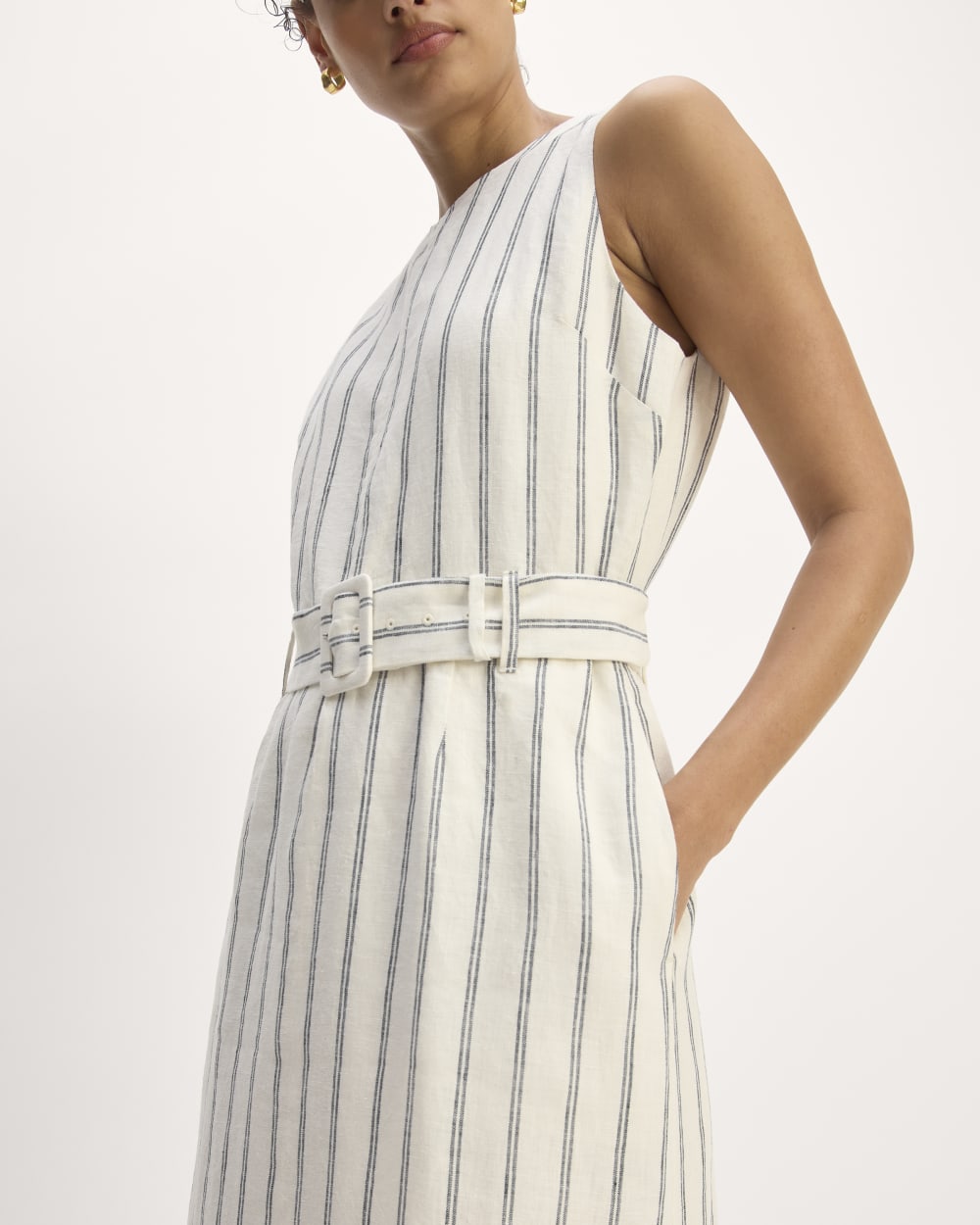 The Linen Belted Midi Dress in Bone/Navy — detail view