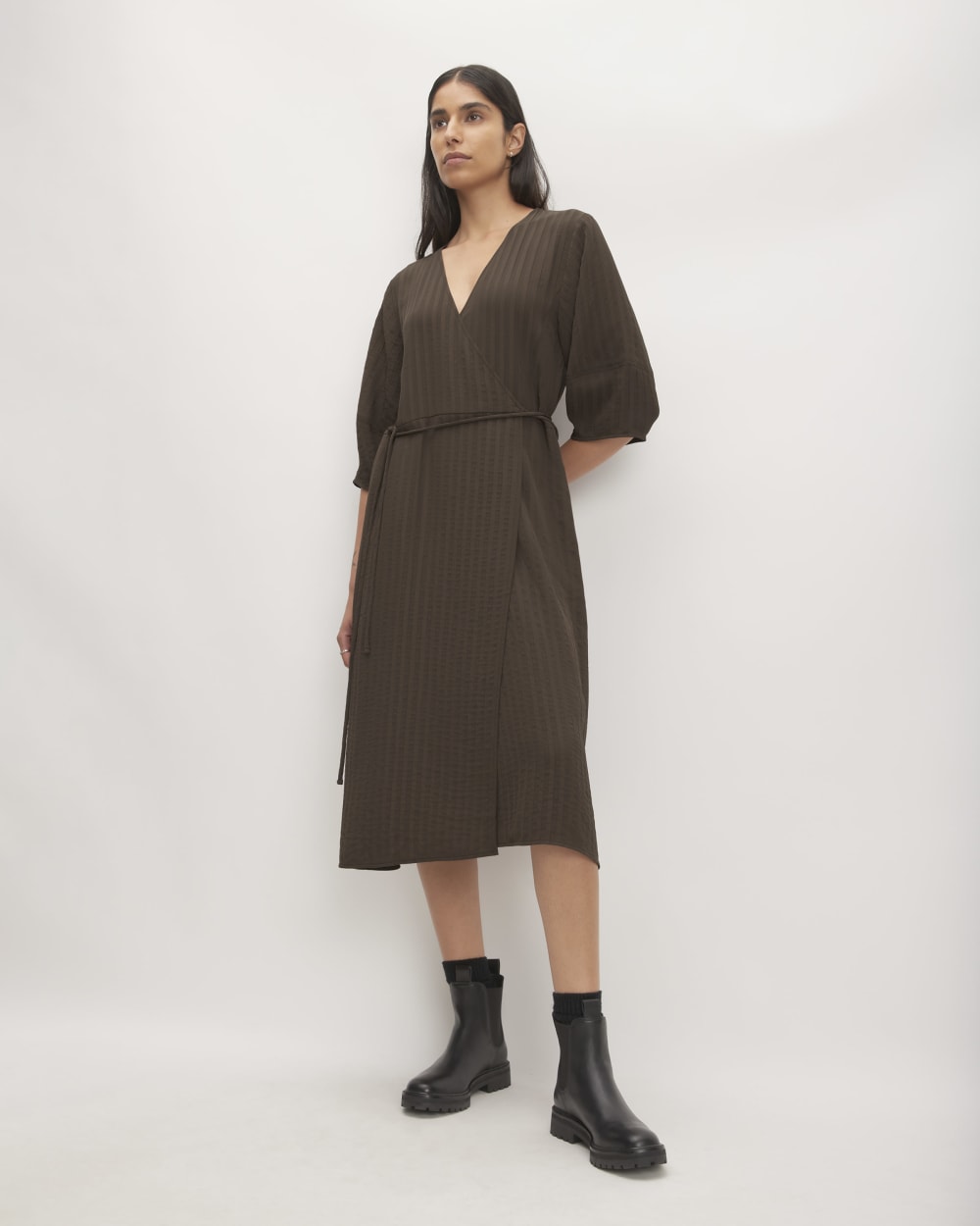 The City Stripe Wrap Dress in Earth Brown — front view