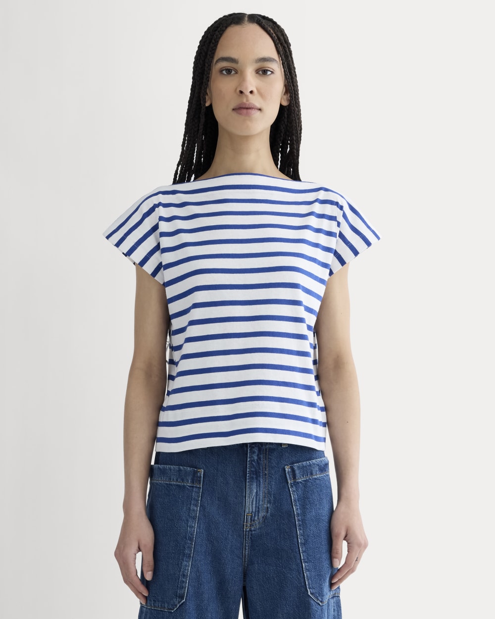 The Oversized Muscle Tee in Bone / Mazarine Blue — front view