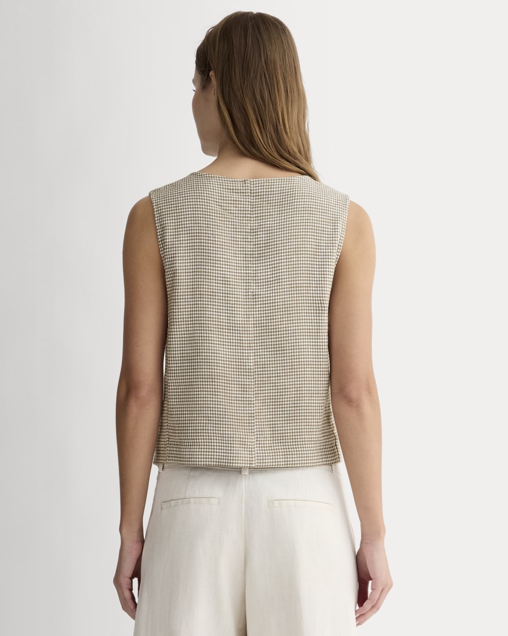 The Vest in Stretch Linen in Deep Taupe Mini Gingham — detail view