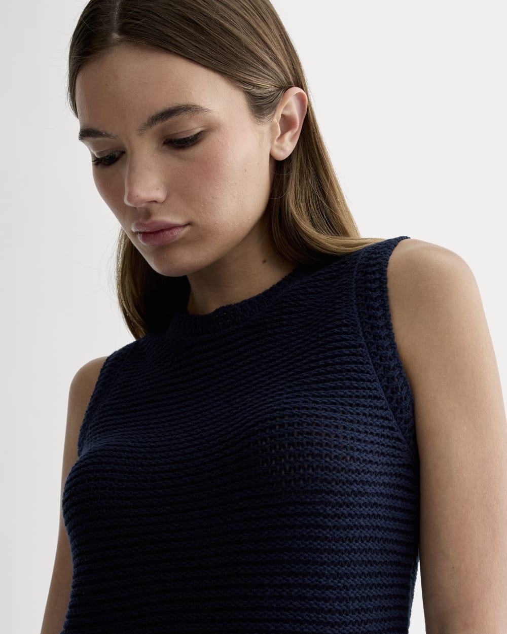 The Organic Cotton Open-Stitch Tank in Navy — detail view