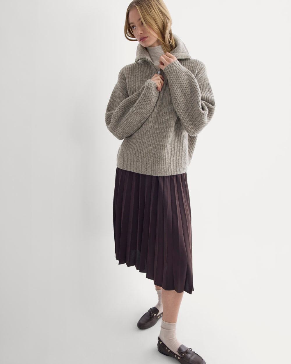 The Half-Zip Sweater in Luxe Merino in Heather Soft Taupe — detail view
