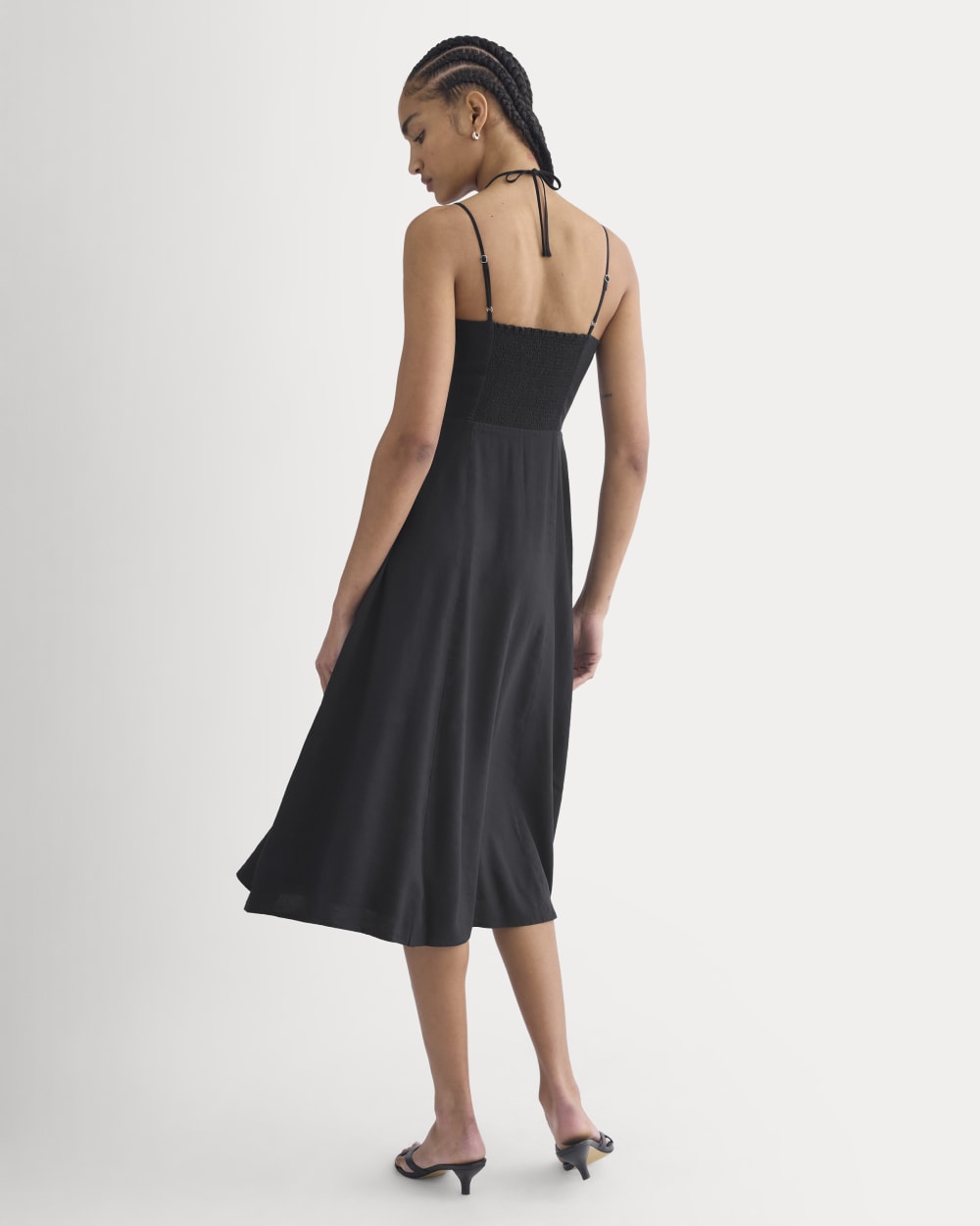 Tie-Neck Dress in Stretch Linen in Black — detail view