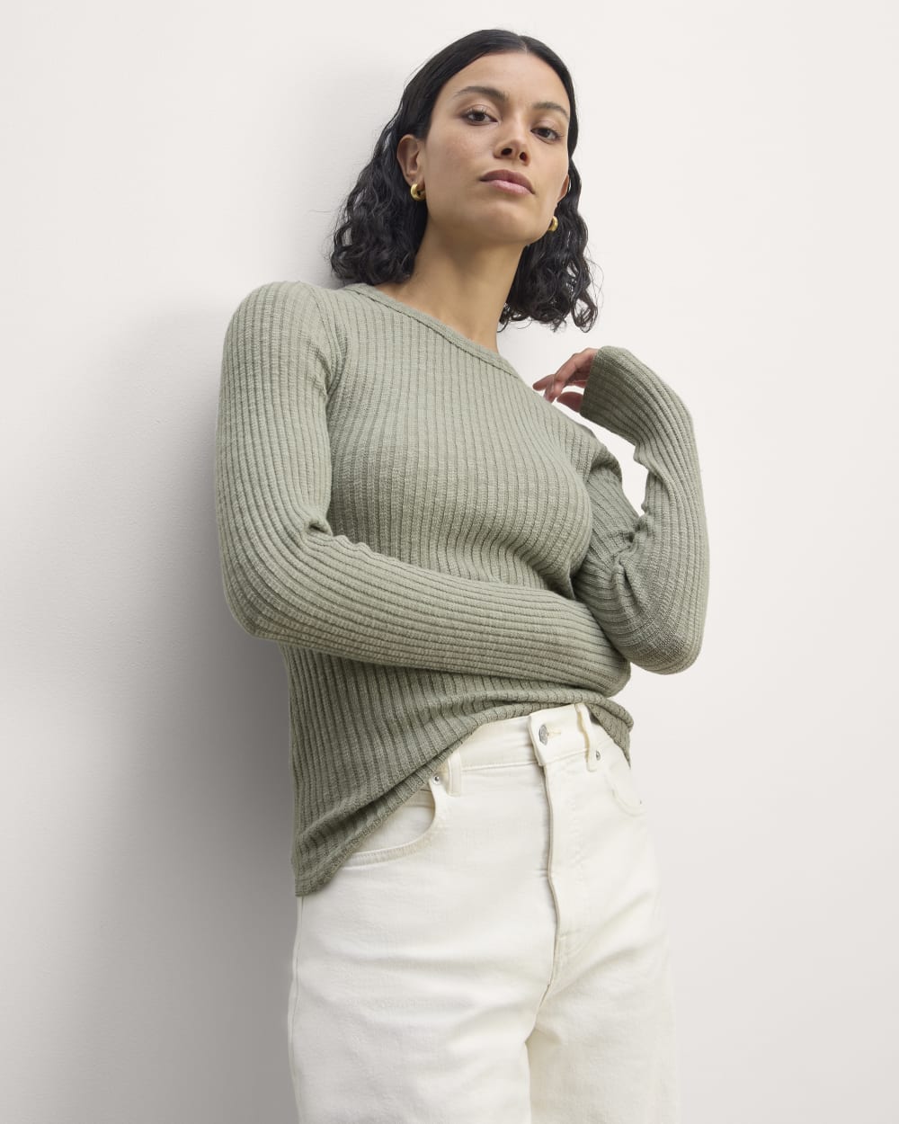 The Cozy Rib Long-Sleeve Tee in Sage Green — front view