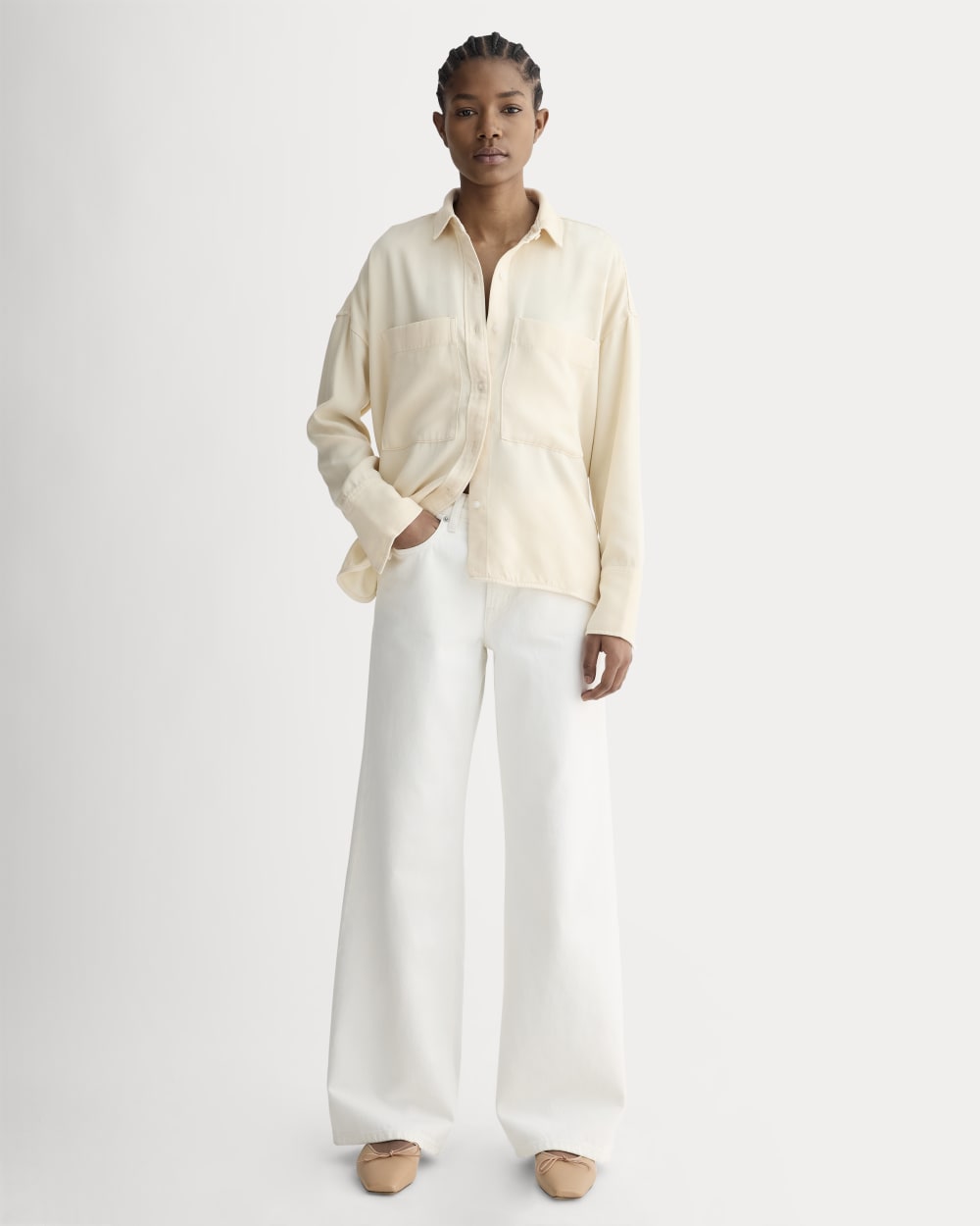 The Boxy Overshirt in Buttersoft in Parchment — detail view