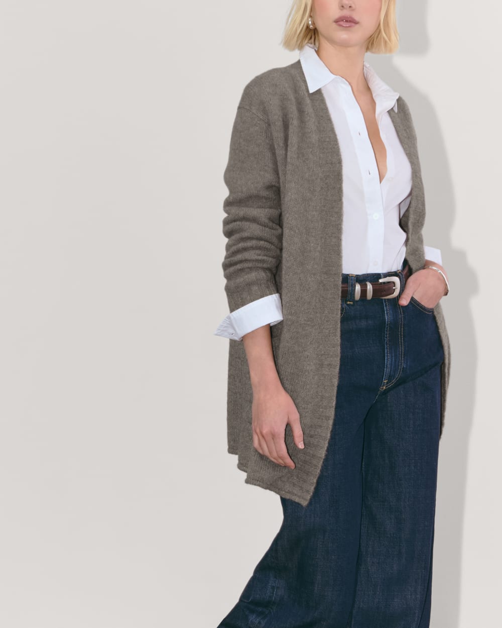The Robe Cardigan in Alpaca in Taupe Melange — detail view