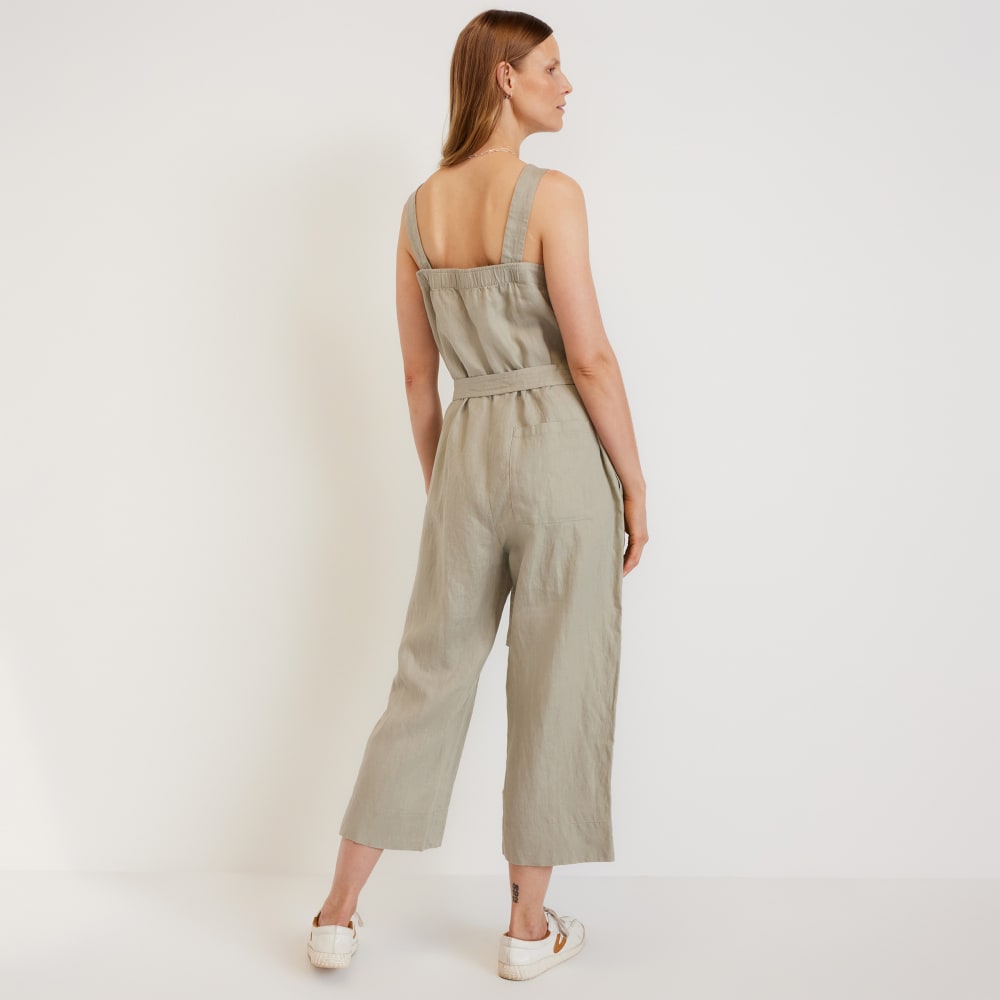 The Linen Jumpsuit in Seagrass — detail view