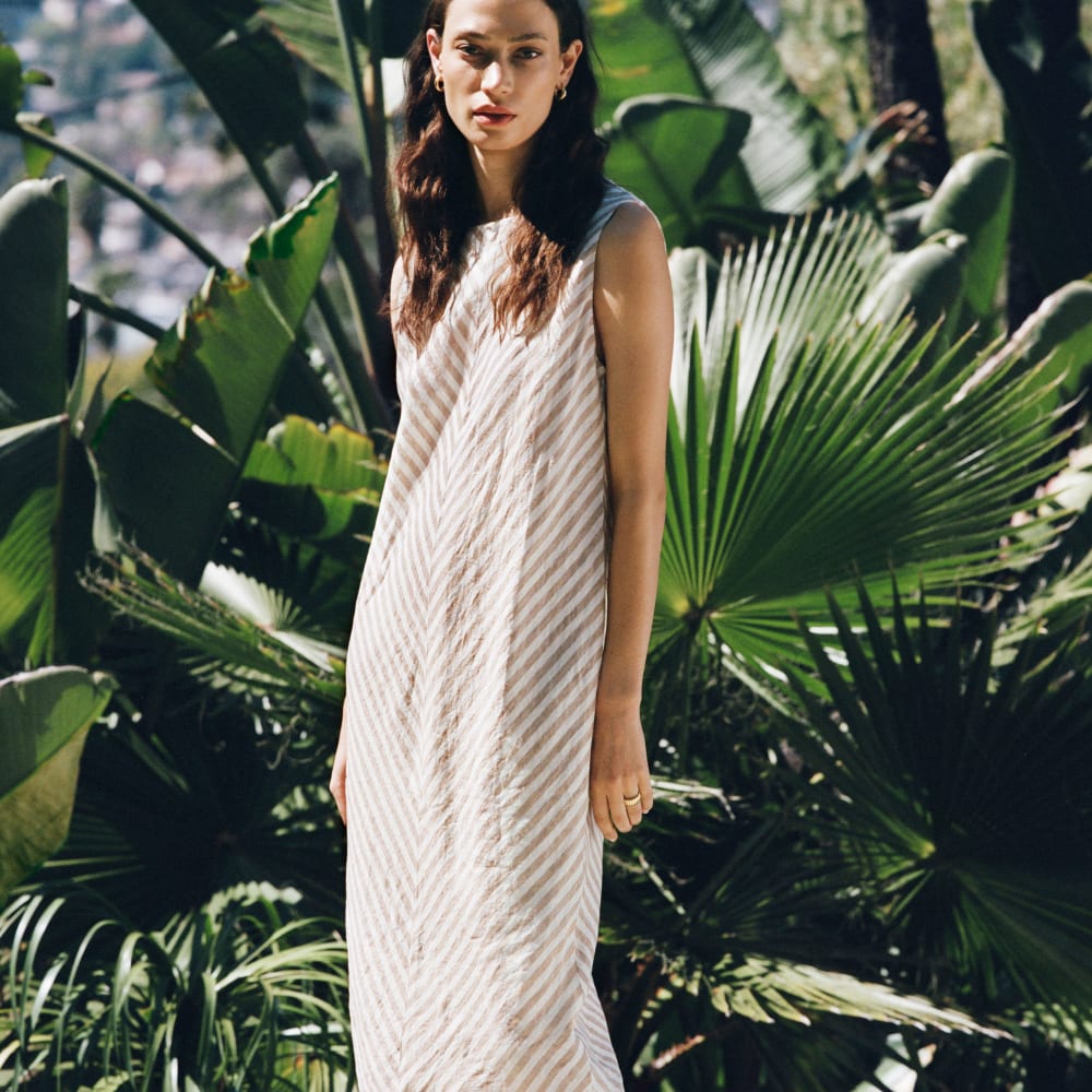 The Linen Bias Cut Dress in Bone / Caramel — detail view