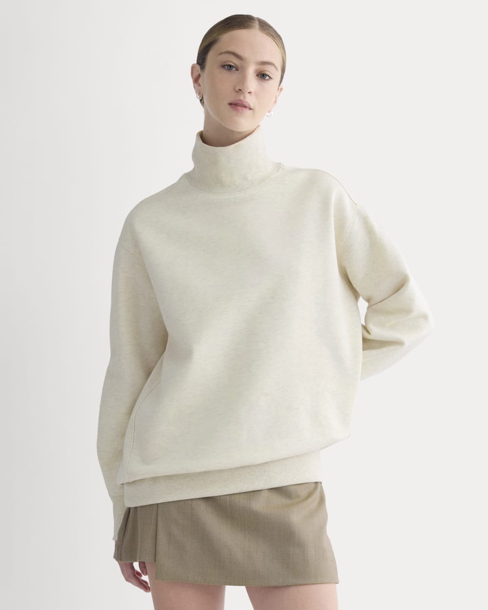Luxe Fleece Turtleneck in Heathered Oat — front view