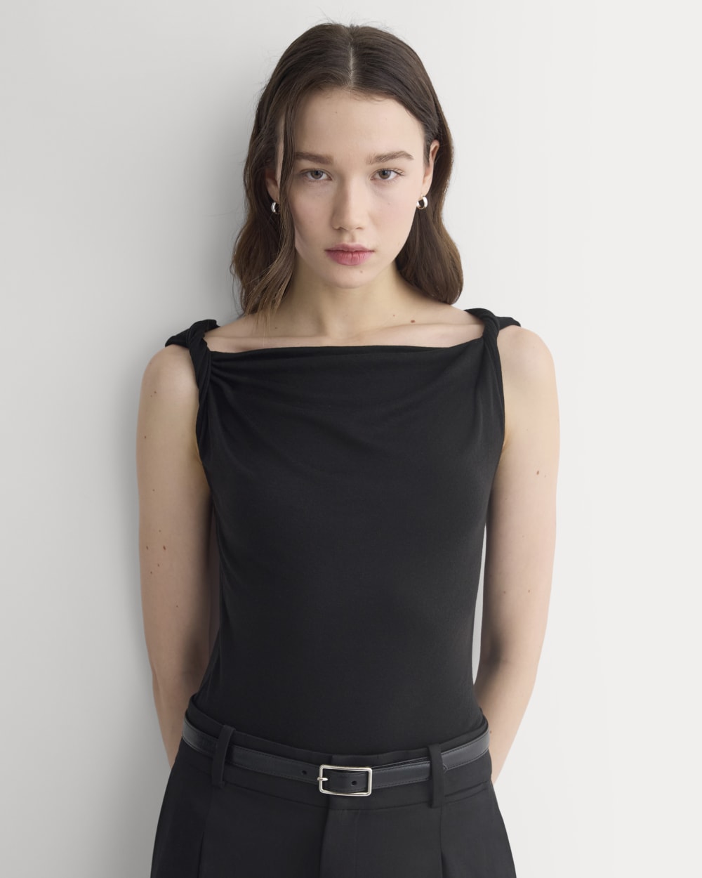 Cowl Neck Twist Tank in Butterluxe in Black — front view