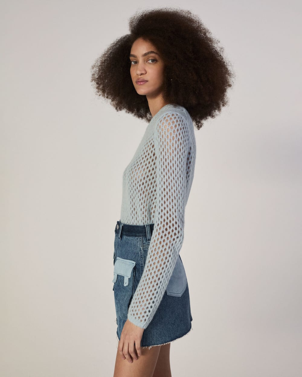 The Everlane x Marques' Almeida Denim Patchwork Mini Skirt in Diamond Blue — detail view