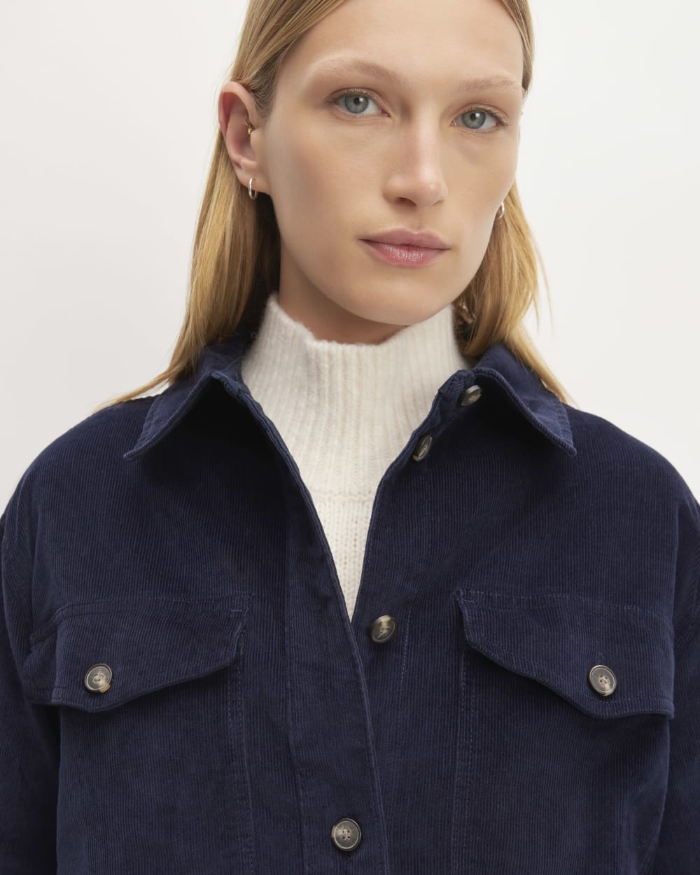 The Corduroy Oversized Shirt Jacket in Navy — detail view