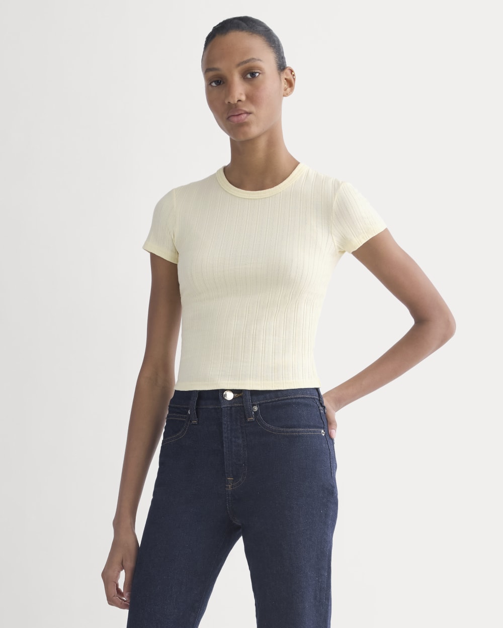Cropped Crew in Pointelle in Lemon Icing — detail view