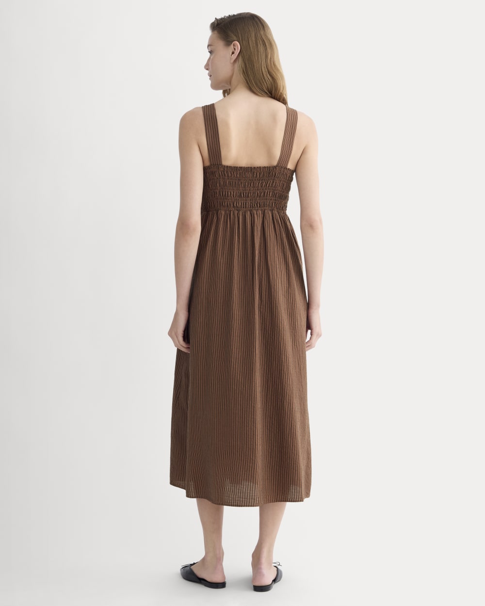 The Gauze Smock Dress in Carob Brown / Black — detail view