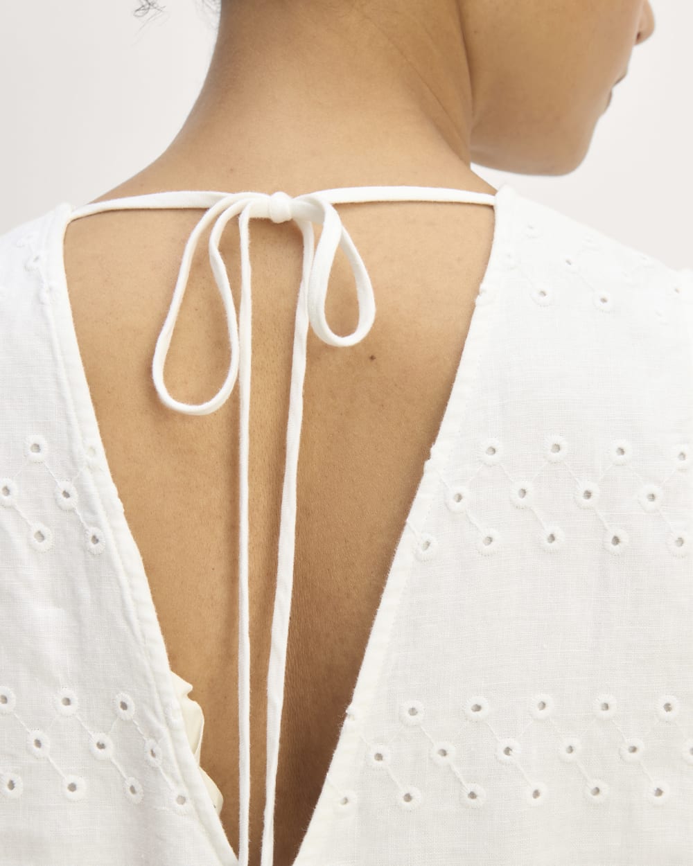 The Linen Eyelet Maxi Dress in White Eyelet — detail view