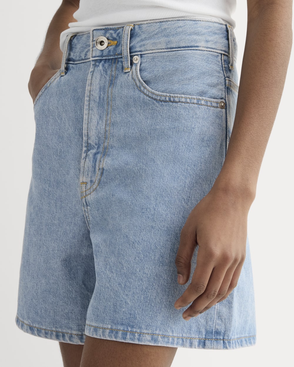 The A-Line Denim Short in Light Indigo — detail view