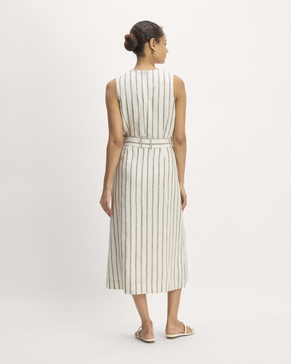 The Linen Belted Midi Dress in Bone/Navy — detail view
