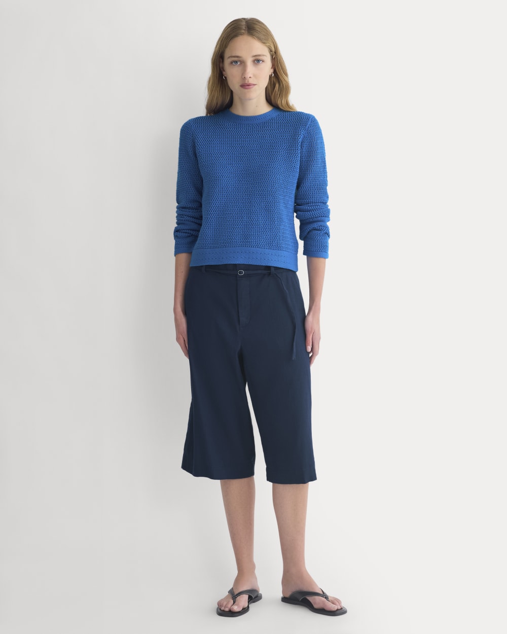Open Knit Long-Sleeve Crew in Everyday Cotton in Imperial Blue — detail view
