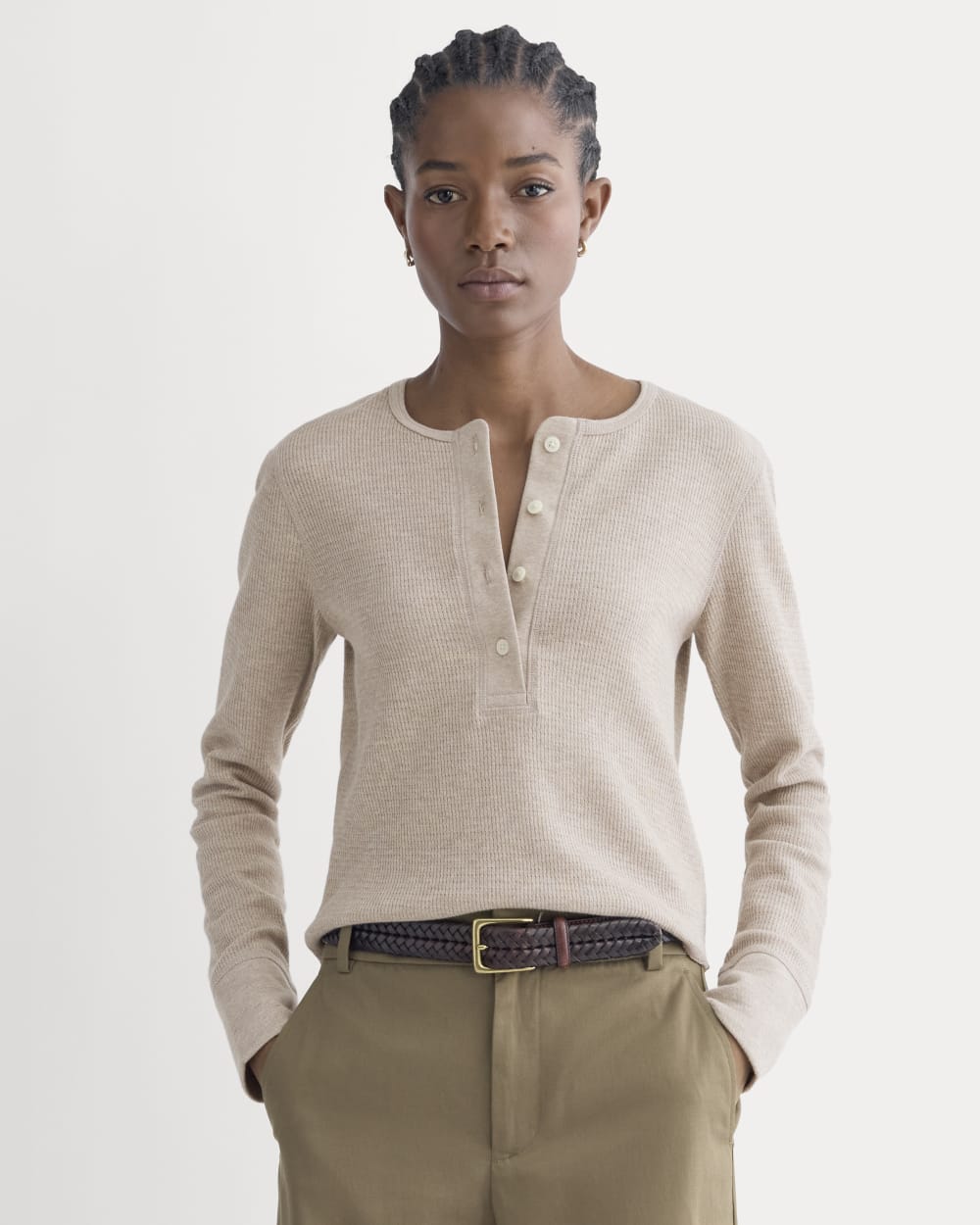 Boxy Henley in Cozy Waffle in Heathered Oatmeal — front view