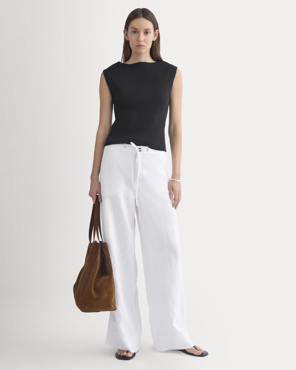 Wide-Leg Drawstring Pant in Linen in White — front view