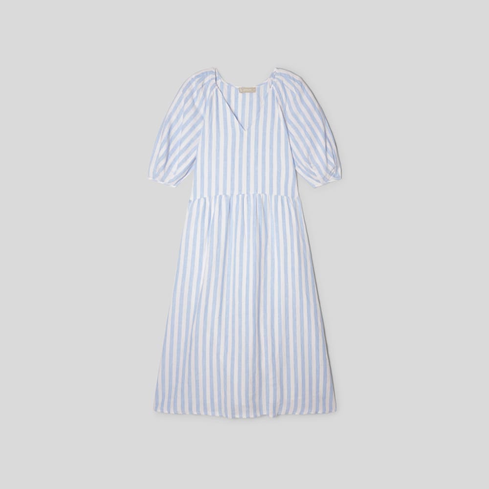 The Linen Oversized Puff-Sleeve Dress in Blue / White — alternate view