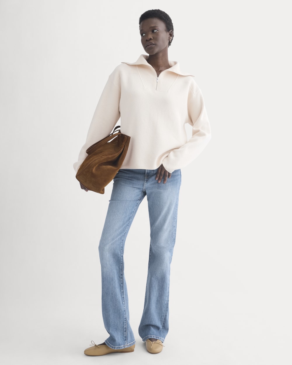 Double Knit Half-Zip in Cotton Merino in Bone/Cream/Sand/Light Camel — detail view
