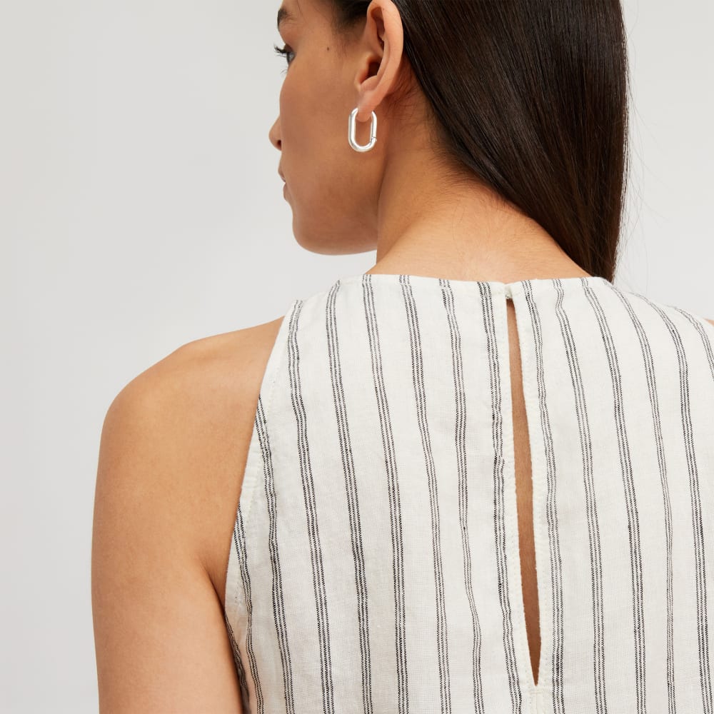 The Linen High-Neck Tank in Black / Canvas Tan — detail view