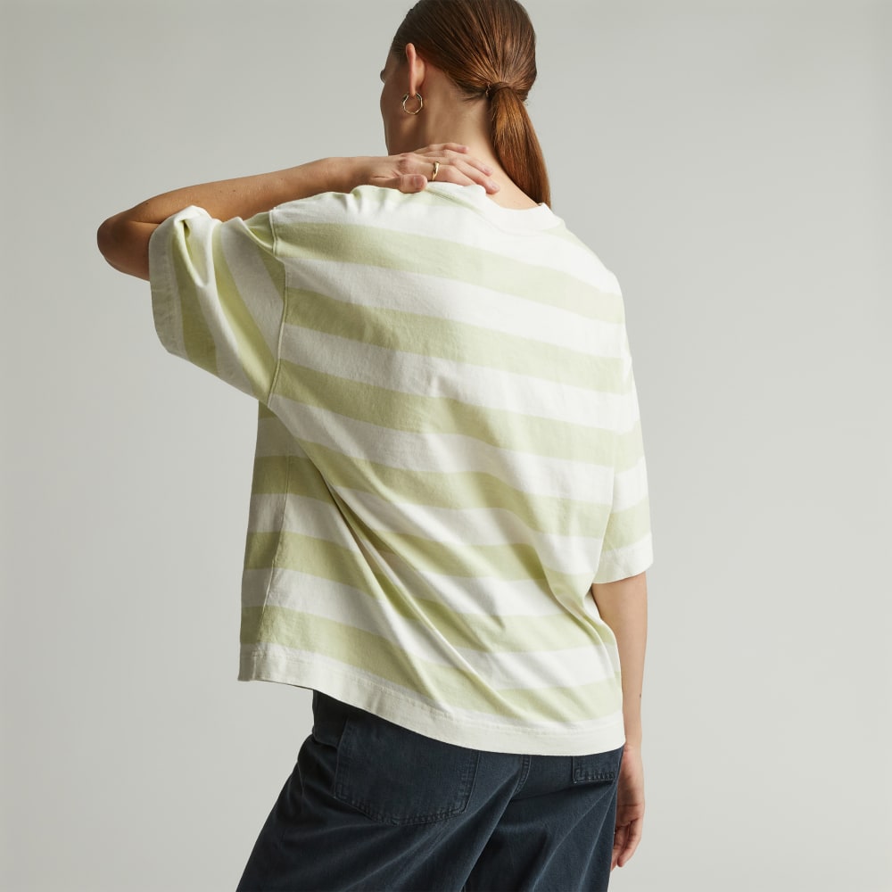 The Premium Weight Relaxed Tee in Seafoam Green / Canvas Tan — detail view