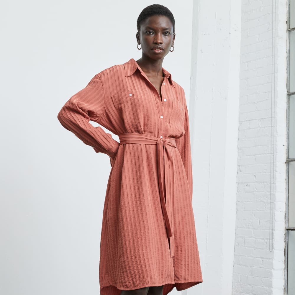 The City Stripe Draped Shirt Dress in Redwood — detail view