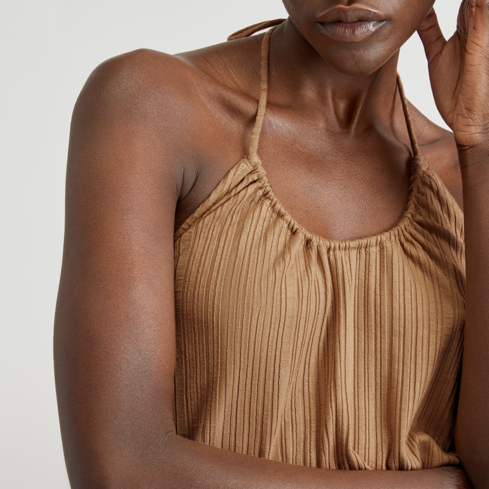The Rib Soft Knit Halter Top in Caramel — detail view