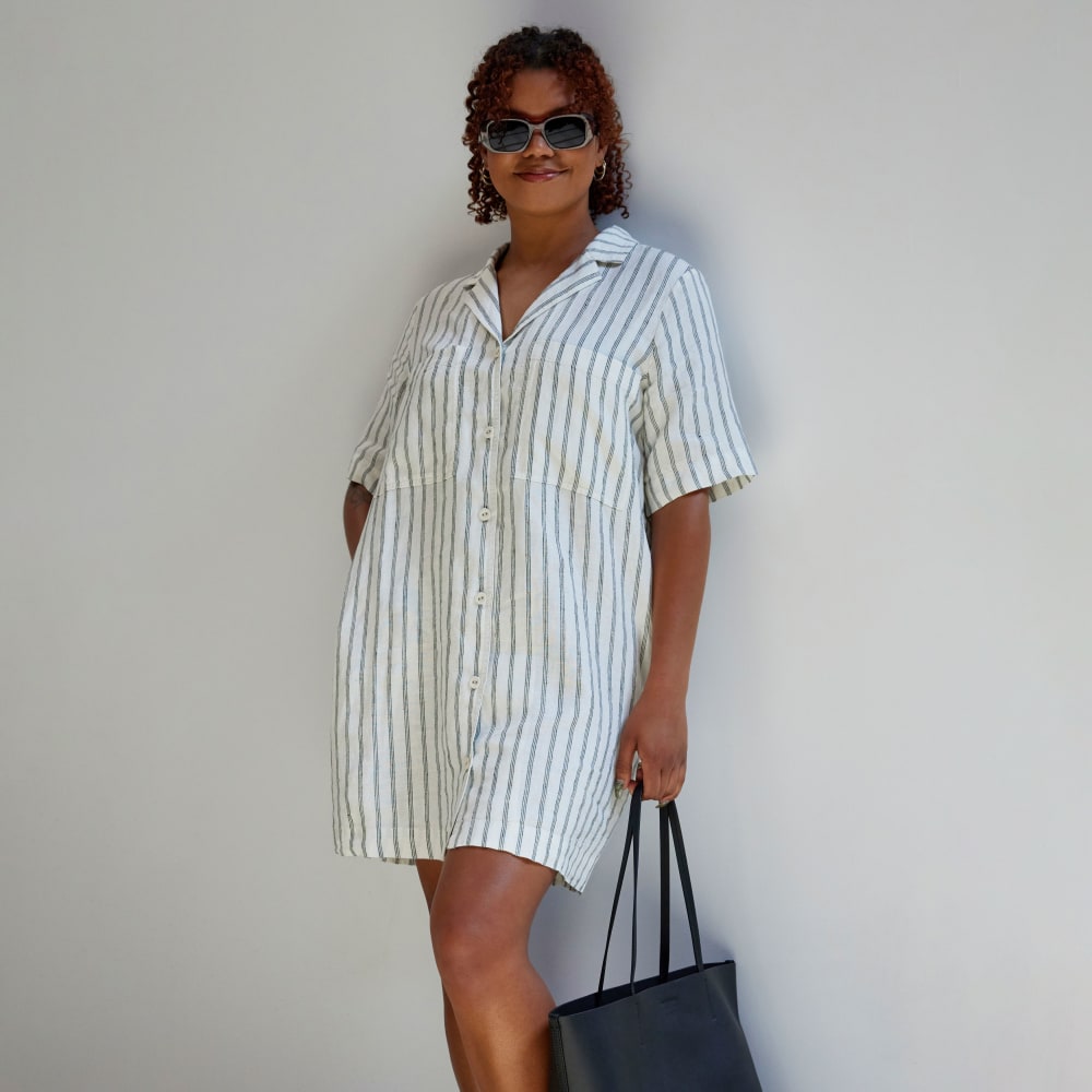 The Linen Workwear Dress in Black / Canvas Tan — detail view